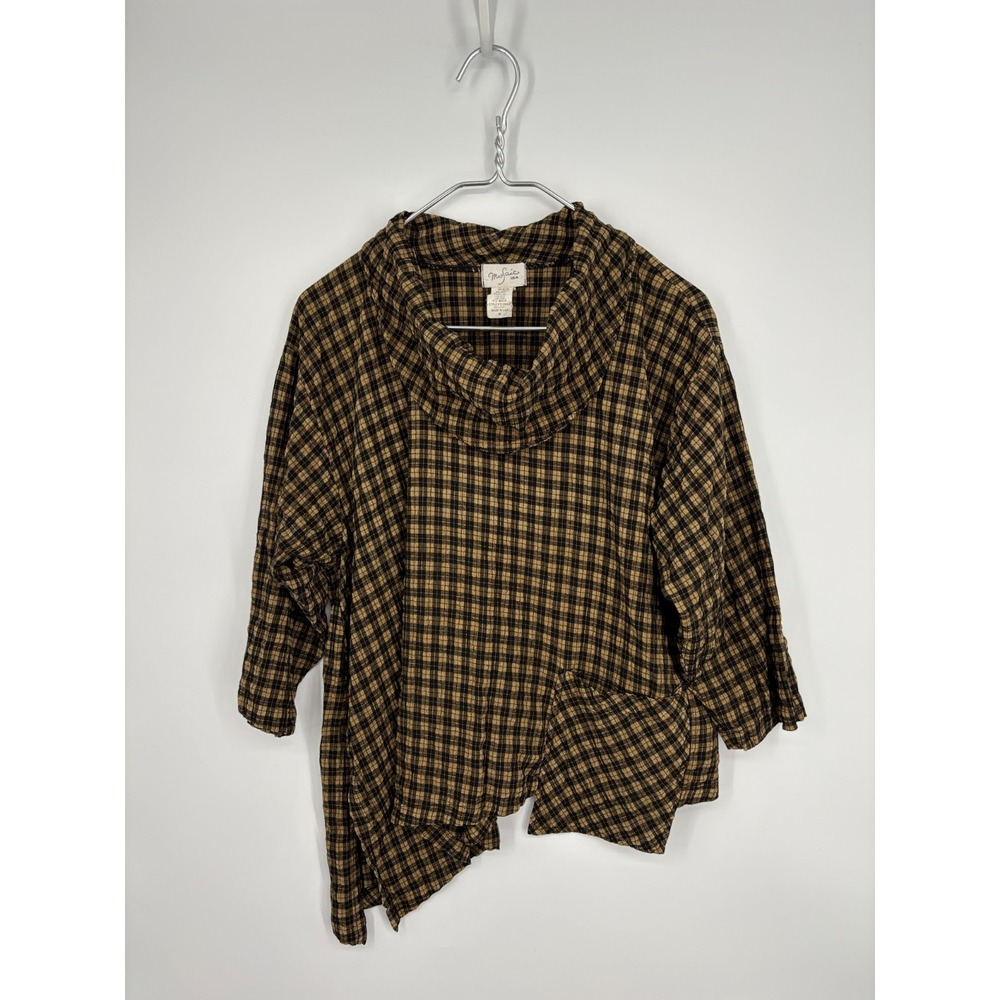 Mosaic Blouse Womens M Brown Black Plaid Turtleneck Cowl Pocket Asymmetrical